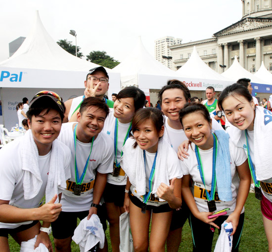 Friends celebrate after completing 10 kilometres